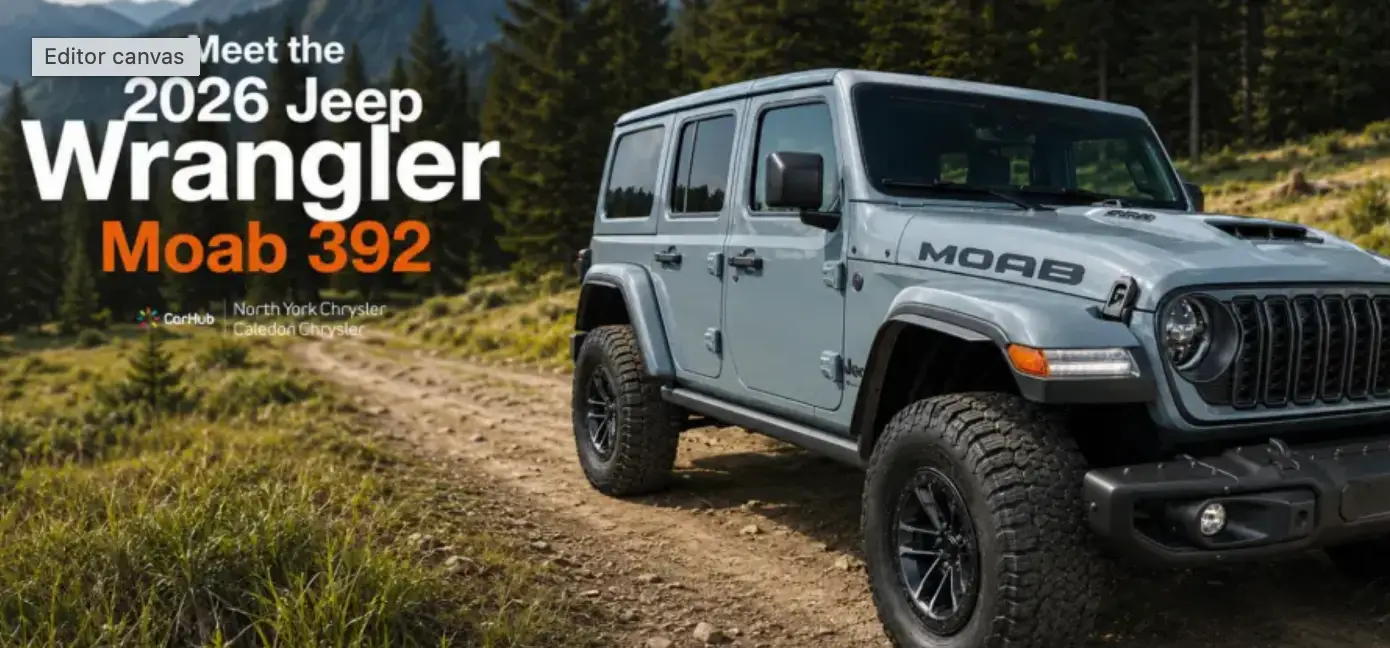 Gray 2026 Jeep Wrangler Moab 392 SUV parked on dirt trail surrounded by forest and mountains